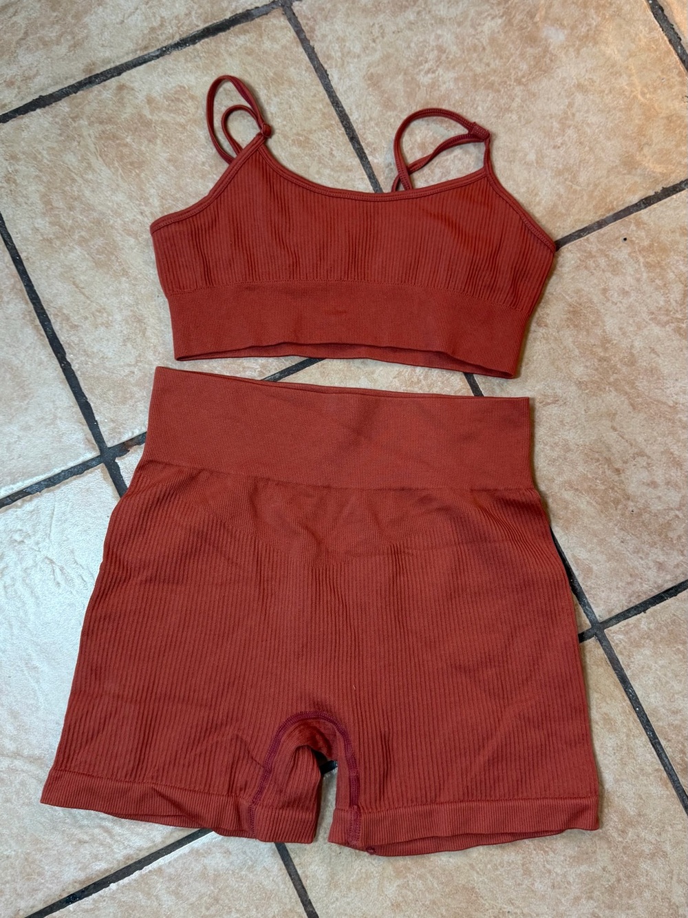Ribbed High-Waist Athletic Shorts — Rust